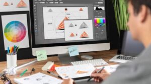 Diseñador gráfico trabajando en diseños en su computadora