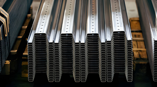 Láminas steel deck apiladas en almacén