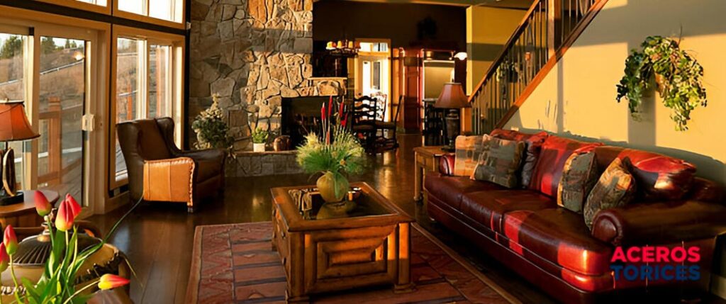 sala de estar de vivienda amueblada y con chimenea elaborada con mamposteri Sala de estar de vivienda amueblada y con sección de chimenea elaborada con mampostería