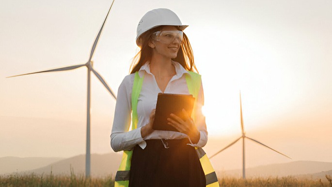 Mujer con equipo de protección en una granja de energía renovable - Día de la Mujer Ingeniera