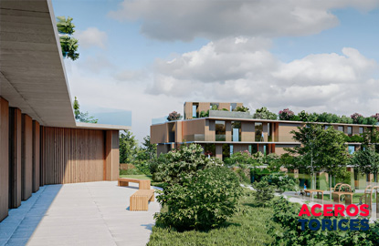conjunto de edificios hechos con materiales sustentables Conjunto de edificios de una zona residencial hechos con materiales sustentables