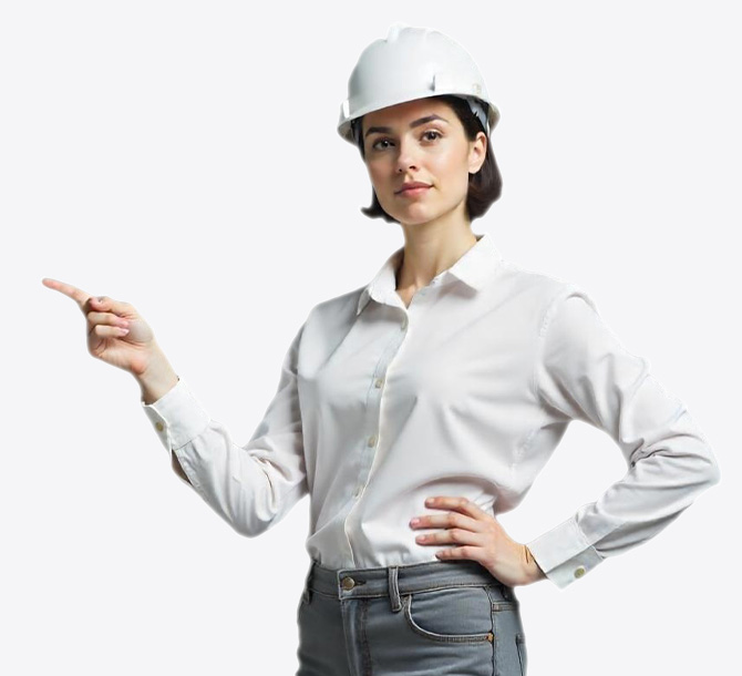 mujer con casco de construccion senalando Mujer con casco blanco de construcción señalando hacia la izquierda
