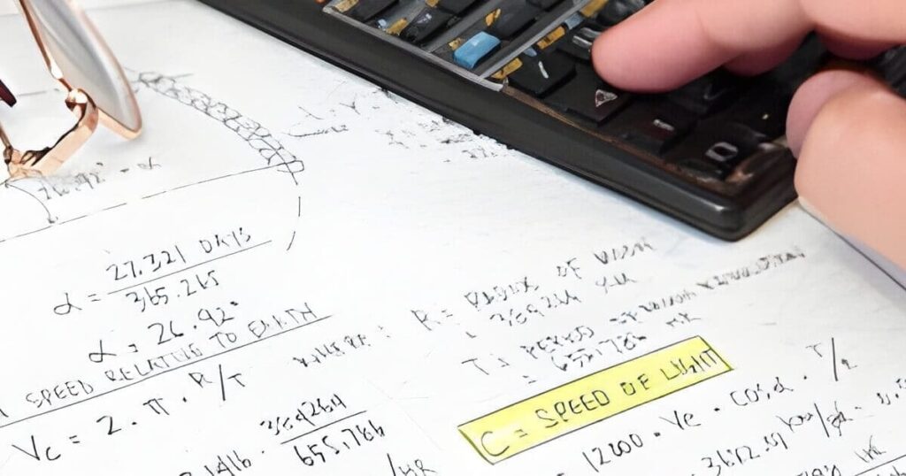 plano detalle de calculos en papel y calculadora Plano detalle de cálculos en papel y calculadora