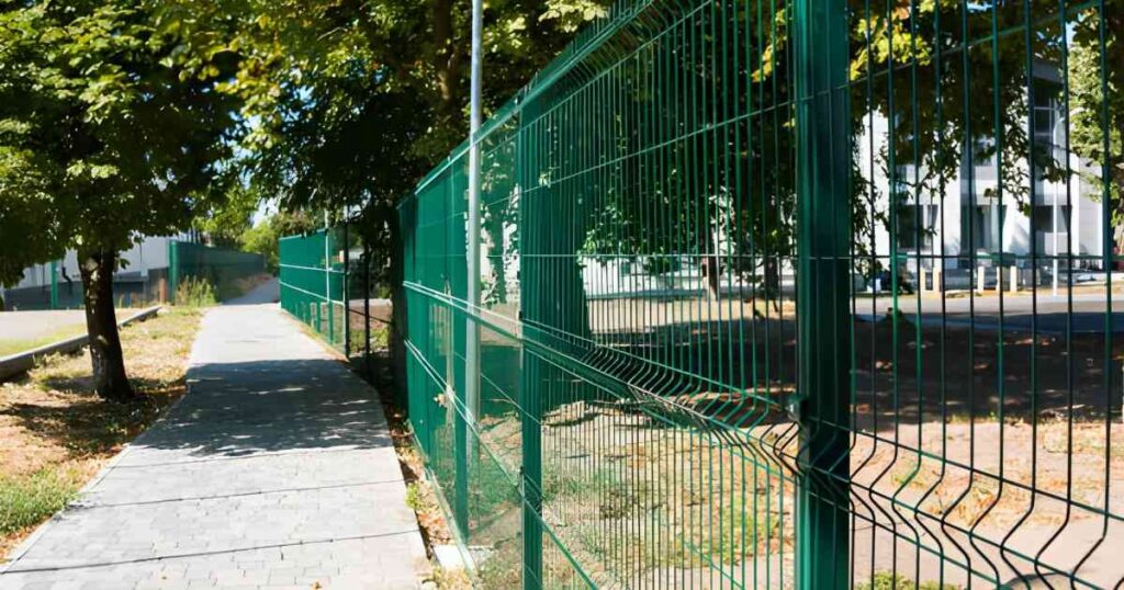 reja de acero verde delimitando espacios abiertos publicos y privados Reja de acero verde delimitando espacios abiertos públicos y privados