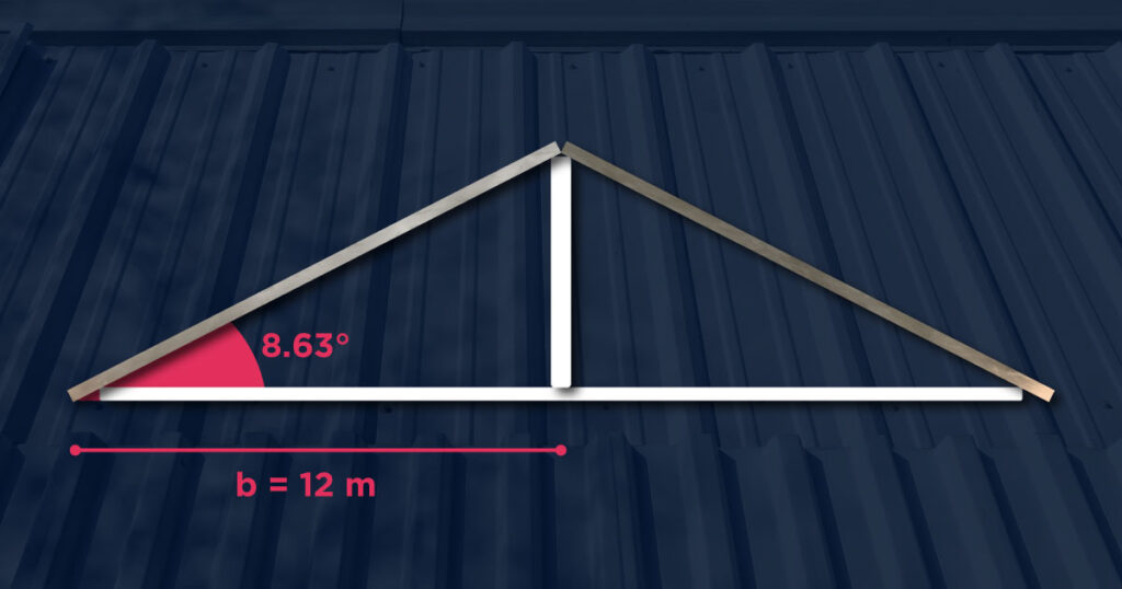 pendiente techo lamina esquema con base y angulo Esquema triangular con valores de base y ángulo - Cálculo de pendiente de techo