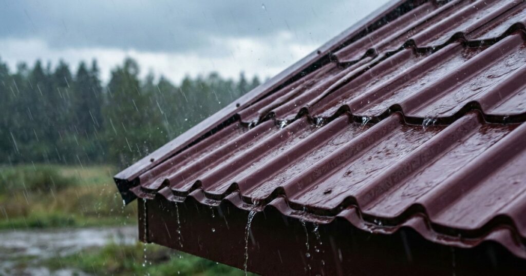 seccion de techo de lamina tipo teja bajo lluvia intensa Sección de techo de lámina tipo teja bajo lluvia intensa