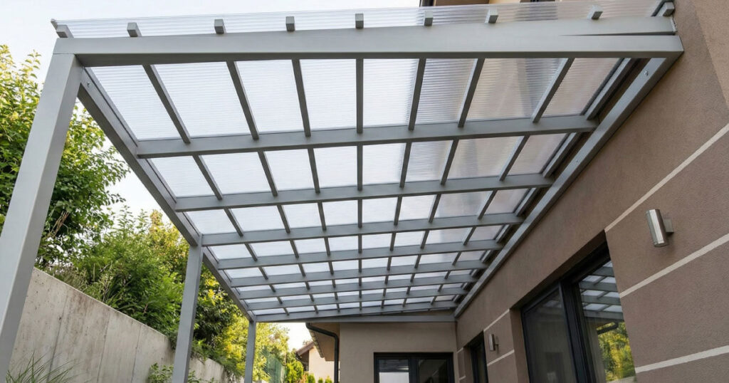 estructura de acero con cubierta de lamina traslucida en un patio residencial Estructura de acero con cubierta de lámina traslúcida en un patio residencial