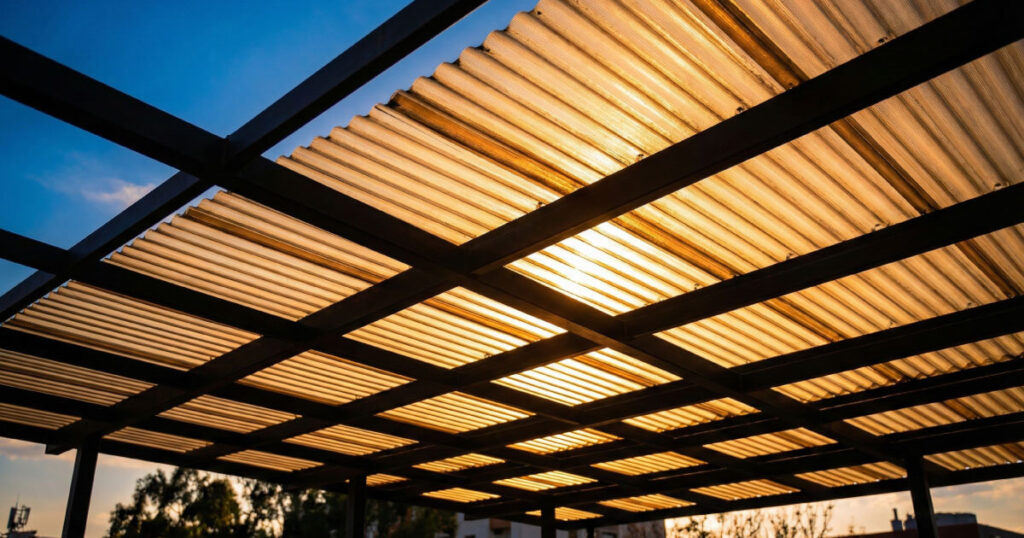 estructura de acero con cubierta de lamina traslucida iluminada por el sol Estructura de acero con cubierta de lámina traslúcida iluminada por el sol