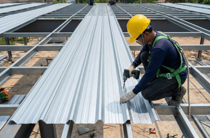 Operario instalando una lámina de acero sobre una estructura metálica