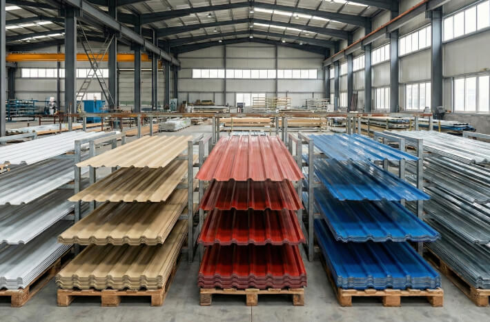 Láminas de diversos diseños y colores acomodadas dentro de un almacén