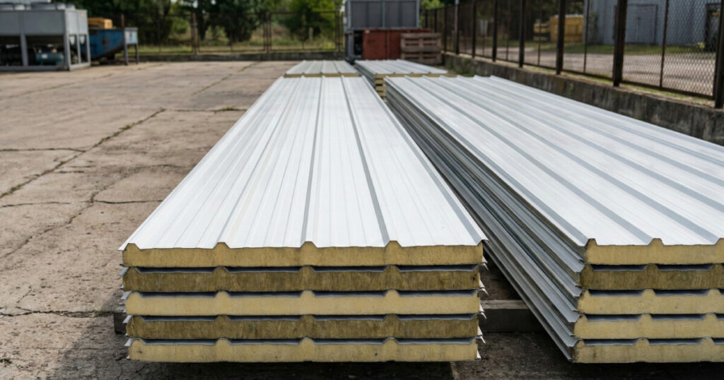 pilas de paneles aislantes para techo en obra Pilas de paneles aislantes para techo en obra