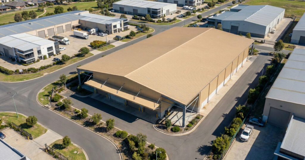 Techo de una bodega construido con lámina Pintro color arena